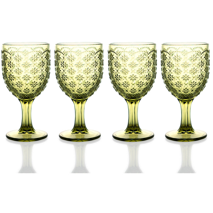 Red Co. Set of 4 Vintage 11 Fl Oz Flower Embossed Glass Stemmed Wine Goblets in Solid Gree