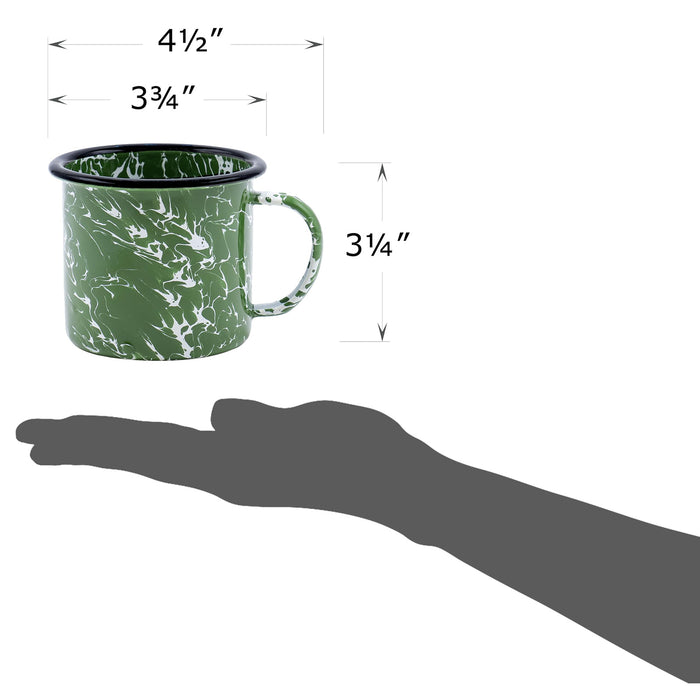 Red Co. Set of 6 Enamelware Metal Medium Classic 12 Oz Round Coffee and Tea Mug with Handle, Dark Green Marble/Black Rim – Splatter Design