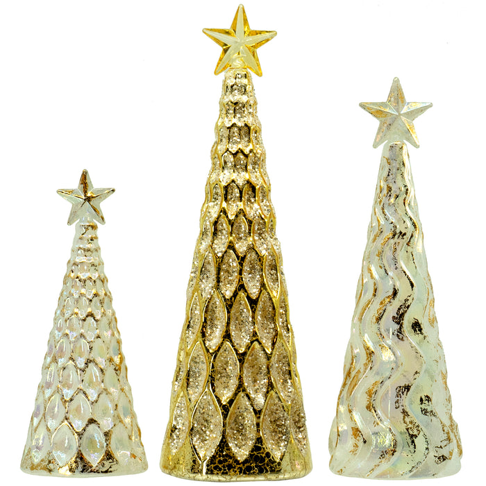 Red Co. Glass Christmas Tree Figurine Ornaments, Light-Up Holiday Season Decor, 11-inch, 9.5-inch, 8-inch, Set of 3