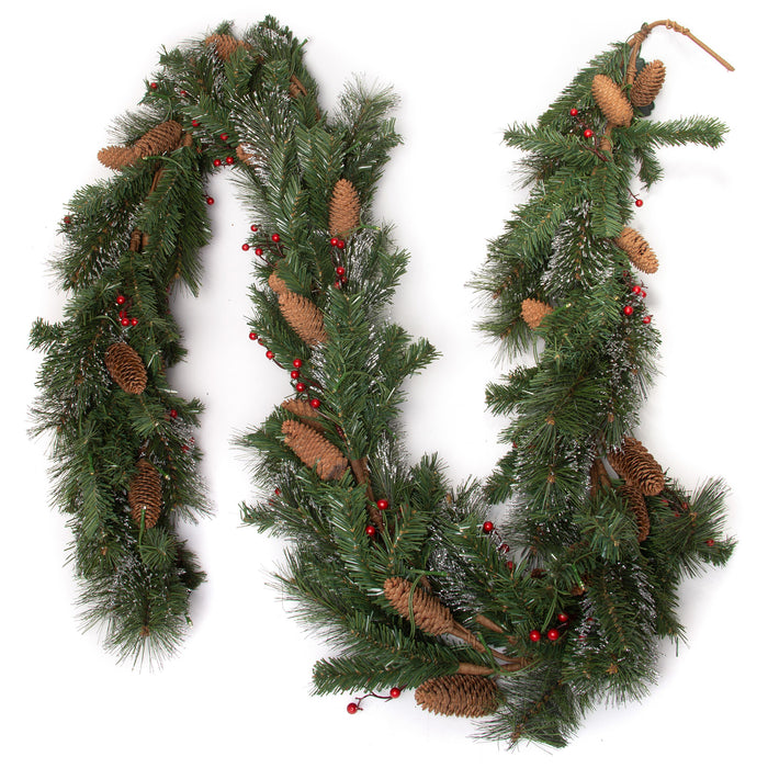 9 Ft Light-Up Christmas Garland with Pine & Red Cranberries, Battery Operated LED Lights with Timer, 108" x 10"