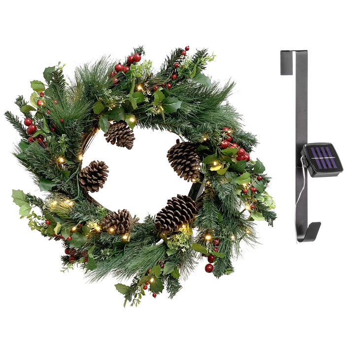 Red Co. Light-Up Christmas Spruce Wreath with Pinecones, Red Holly Berries and LED Lights, Solar Powered - 22 Inch