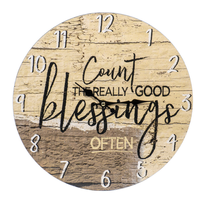 Count The Really Good Blessings Often — Round Wood Style Wall Clock - Farmhouse Rustic Home Decor - 13 Inches Diameter