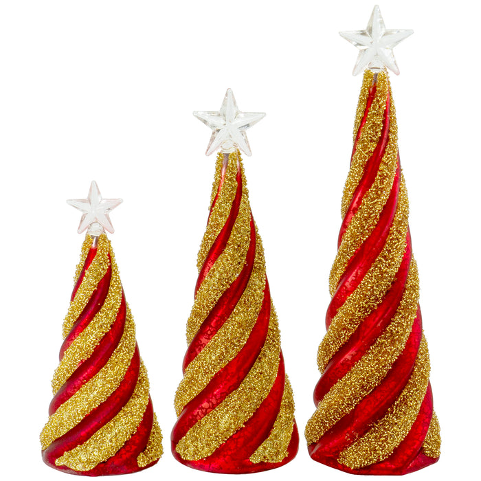 Red Co. Glass Christmas Tree Figurine Ornaments, Festive Gold and Red Light-Up Holiday Season Decor, 11-inch, 9.5-inch, 8-inch, Set of 3