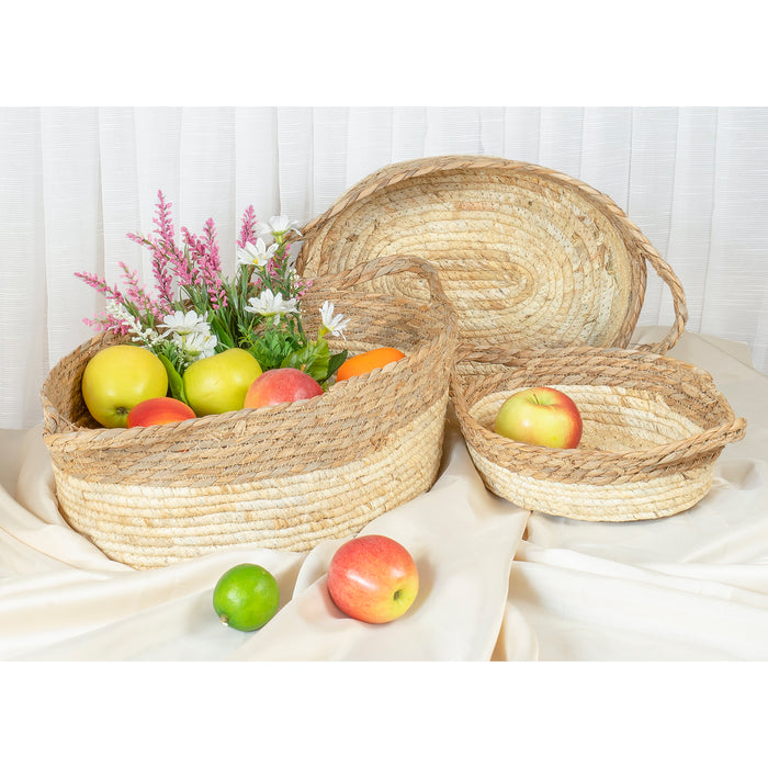 Red Co. Set of 3 Decorative 21”, 17”, and 14” Oval Nesting Seagrass Storage Baskets with Handles, Brown / Beige