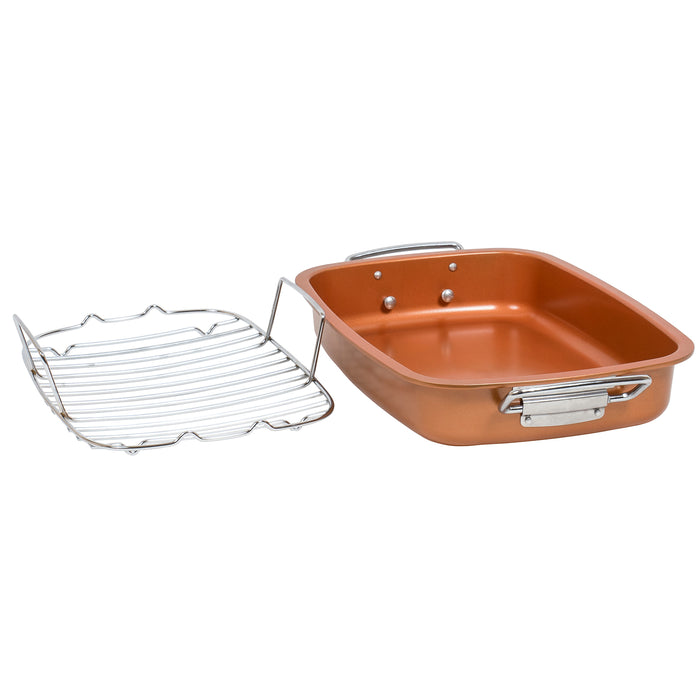 Red Co. Rectangular Copper Non-Stick Roasting Pan with Floating Chrome Rack 2 Piece Set for Baking, Roasting, Oven, Serving - 19.75" x 12.5"