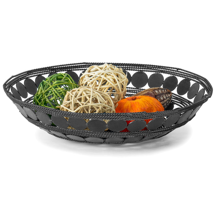 Red Co. 10” Decorative Round Iron Ring Centerpiece Basket Bowl, Circle Design with Braided Wire - Black