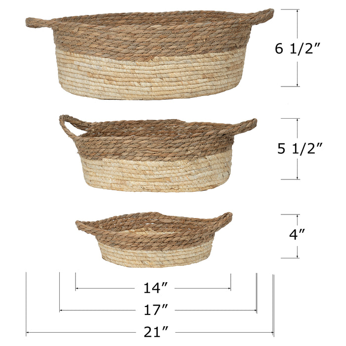 Red Co. Set of 3 Decorative 21”, 17”, and 14” Oval Nesting Seagrass Storage Baskets with Handles, Brown / Beige