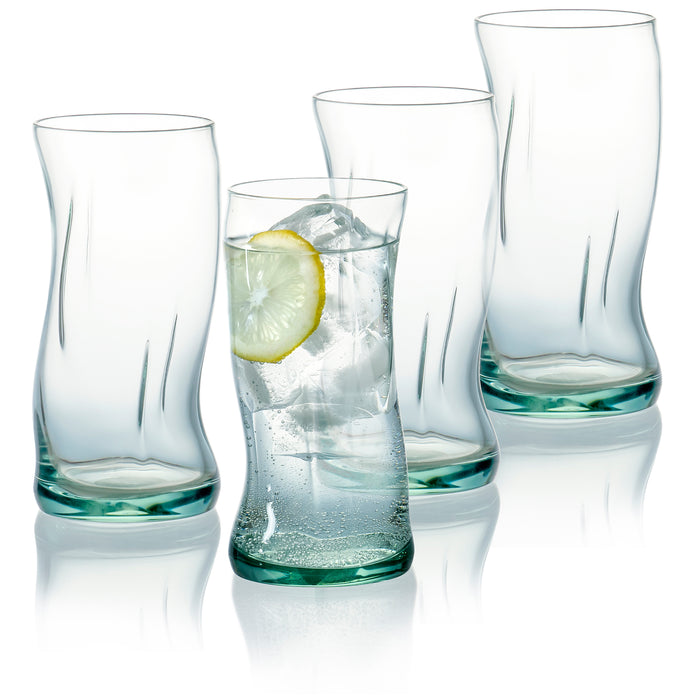 Red Co. Set of 4 Tall Wavy Recycled Glass 15 Fl Oz Beverage Drinking Tumblers, Clear/Turquoise Gradient