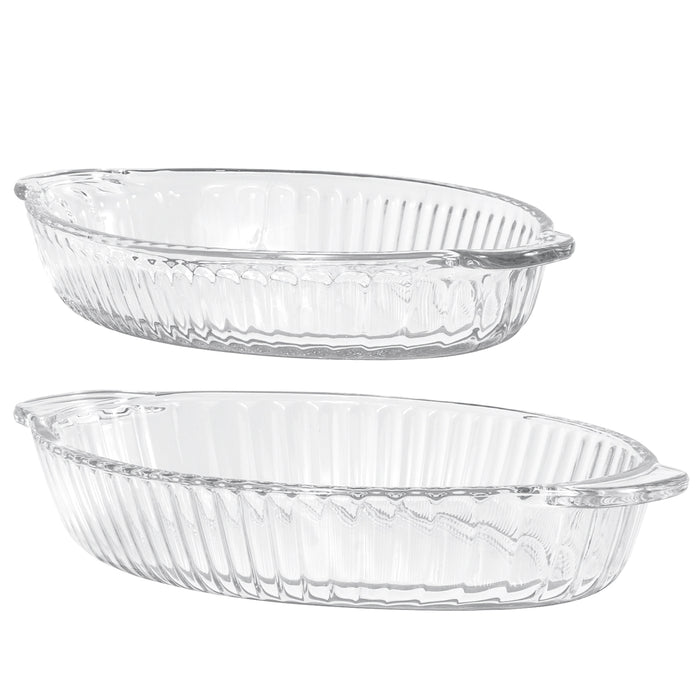 Red Co. Oval Glass Ribbed Serving Dish with Handles for Hot and Cold Foods, Salads, Fruits, Rolls, Dishwasher Safe - 10.25" x 6" x 1.75", Set of 2