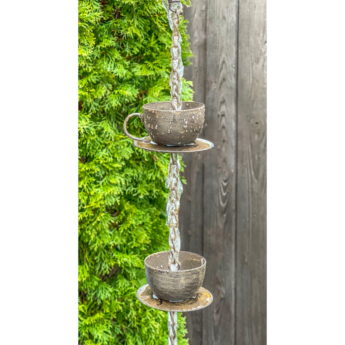 Red Co. 5.5-Foot Decorative Hanging Metal Rain Chain & Garden Rainwater Catcher – Teapot  & Cups with Bell