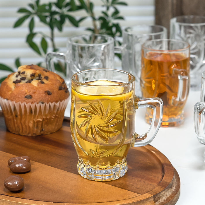 Red Co. Set of 6 Clear Cut Glass 5 Fl Oz Tea Mugs with Handle, Sunflower Etched Design