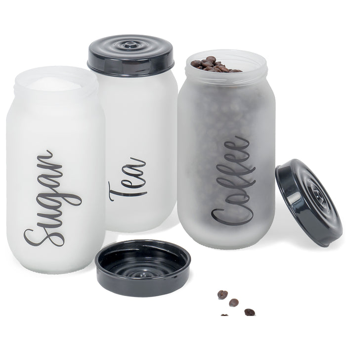 Red Co. Set of 3 Tea Coffee Sugar 34 Oz Glass Kitchen Food Storage Jars with Black Lids