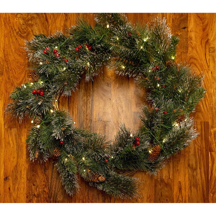 Red Co. 26 Inch Light-Up Christmas Wreath with Pinecones & Pine, Battery Operated LED Lights with Timer