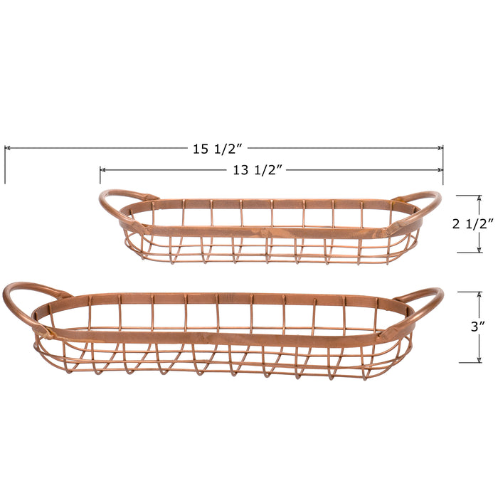 Red Co. Decorative Rustic Style Long Oval Metal Wire Bread Serving Basket Trays in Copper Finish with Handles – Set of 2 Sizes