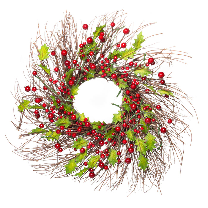 22 Inch Light-Up Christmas Wreath with Red Cranberries, Battery Operated LED Lights with Timer