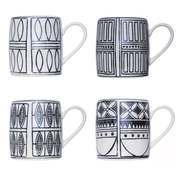 Tribal Collection Stoneware Mug, Hand-Painted Black & White Design, 14 Ounce