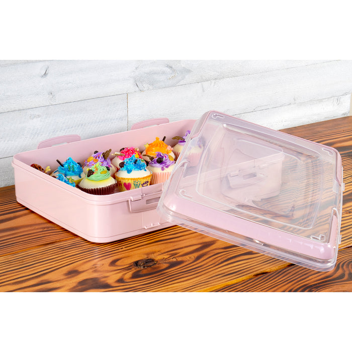 Red Co. Pink Rectangular Pastry and Pie Carrying Box Folding Handle Multi Purpose Food Storage with Lid- 16.5" x 7" x 11.25"