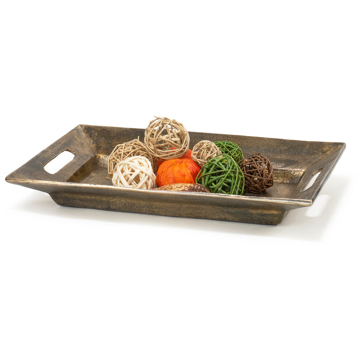 Red Co. 16” x 10” Large Decorative Aluminum Serving Tray with Cut-Out Handles, Distressed Silver