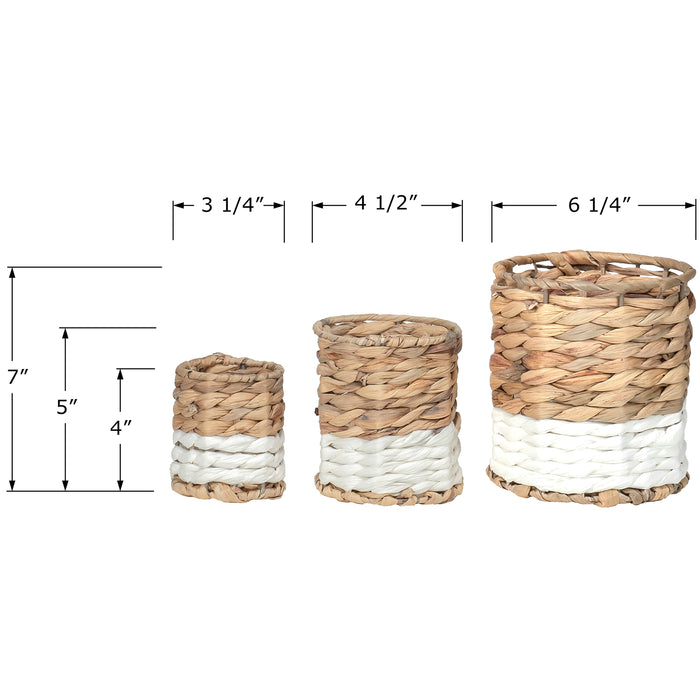 Red Co. 7”, 5”, and 4” Round Nesting Two-Tone Hand-Woven Seagrass Basket Bins Set of 3, Beige / White