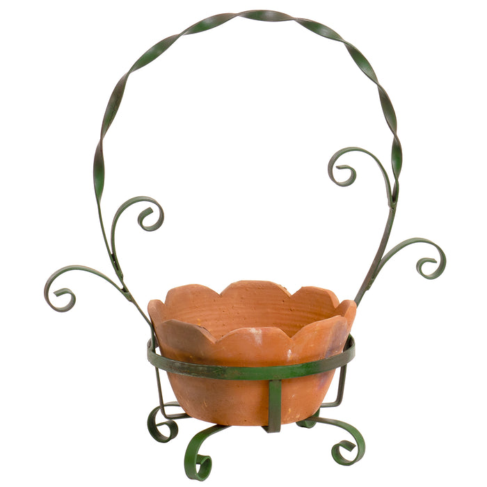 Red Co. Vintage Farmhouse Terra Cotta Plant Pot with Metal Garden Planter Holder, Green/Brown, Large