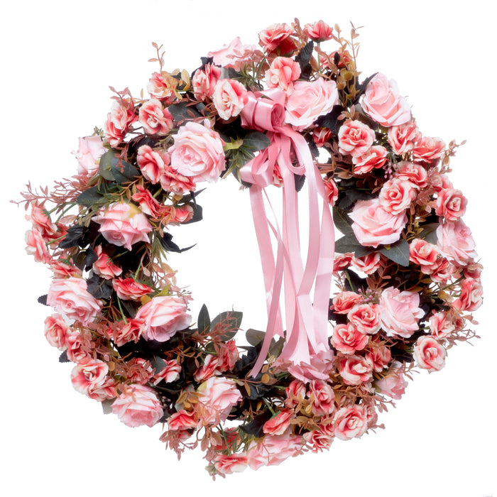 Red Co. 18" Lavishly Pink Roses with Ribbon, Artificial Spring & Summer Wreath, Door Backdrop Ornaments, Home Décor Collection