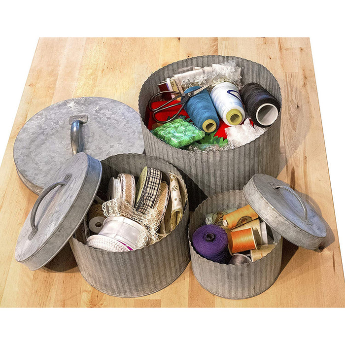 Red Co. Rustic Style 3 Piece Galvanized Metal Nesting Canisters with Lids for Storage and Organization 10"x7"