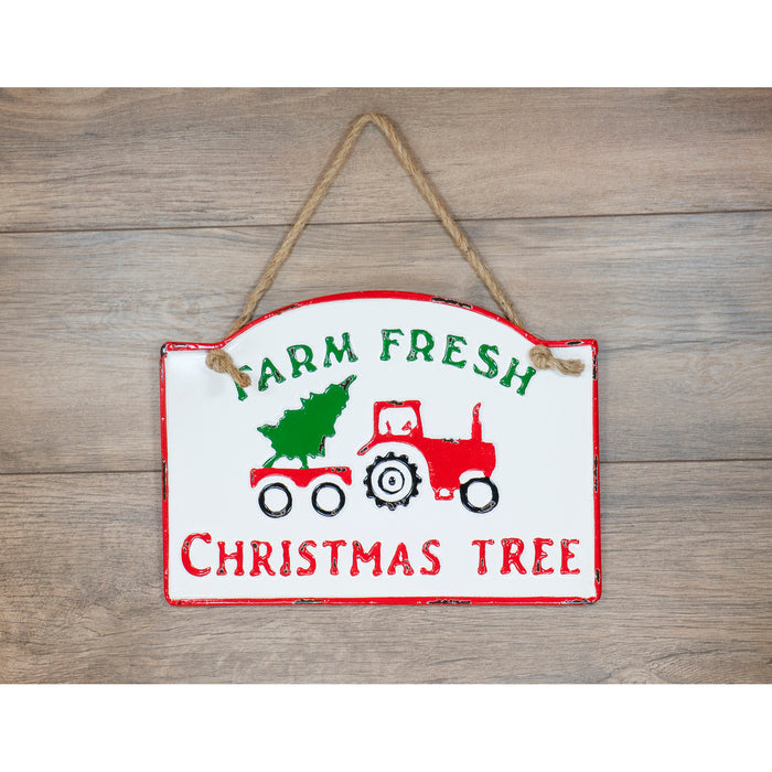 Red Co. Hanging White Enameled Metal Wall Sign Plaque with Jute Rope - Farm Fresh Christmas Tree