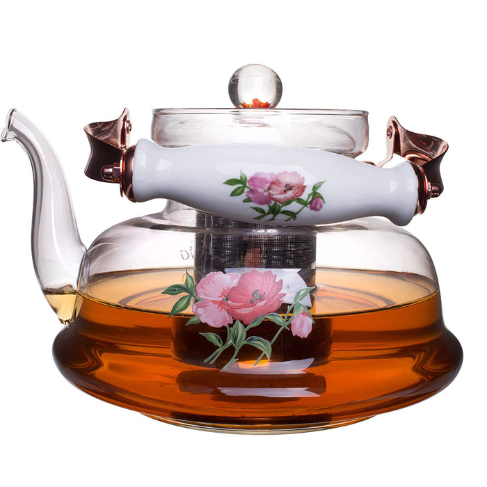 Pastel Flowers European Style Glass Stovetop Teapot with Stainless Steel Infuser