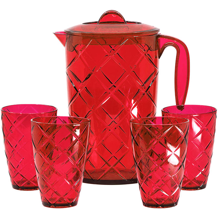 Red Co. Durable Plastic Pitcher with Lid and 4 Tumbler Glasses Drinkware Set, Drip Free Cold Water Jug Perfect for Iced Tea, Sangria, Lemonade — 64 fl oz. pitcher with 12 fl oz. glasses