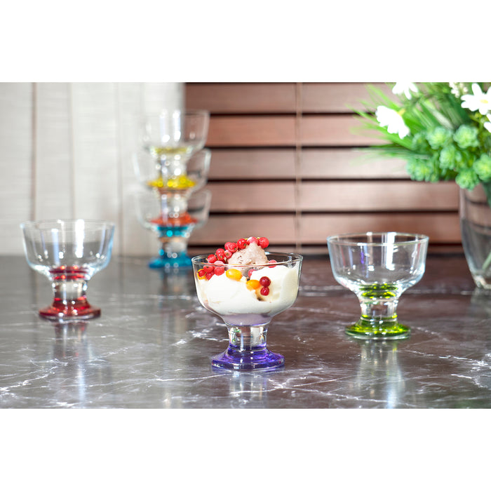 Red Co. Short Stem Clear Glass Tall Dessert Bowls with Multi Colored Base, 6.75 Ounce, Set of 6