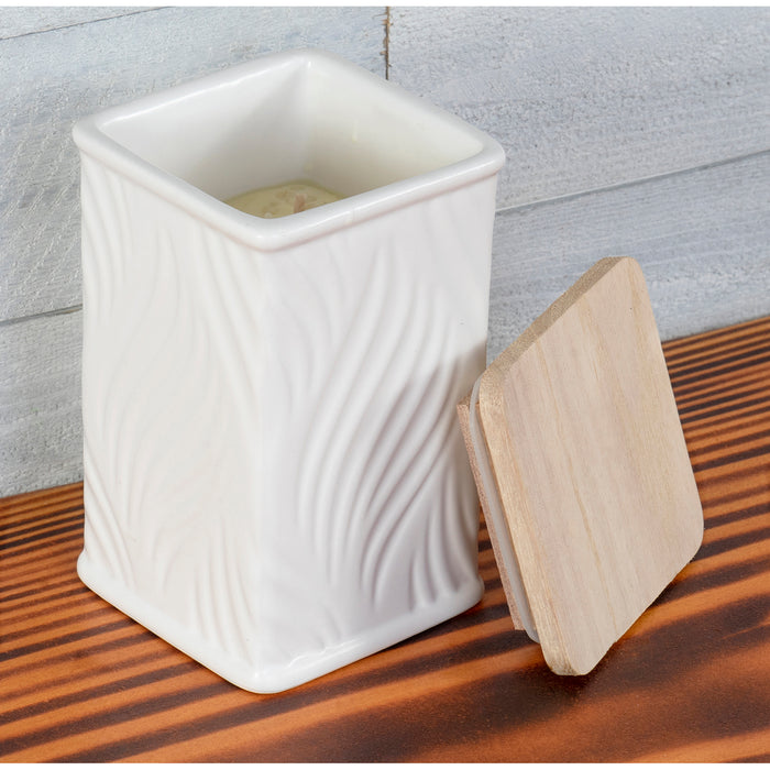 Swan Creek Highly Scented Pillar Candle in Square Ceramic Canister with Lid, White Collection – Assorted Patterns – Pumpkin Caramel Drizzle, 13 oz.