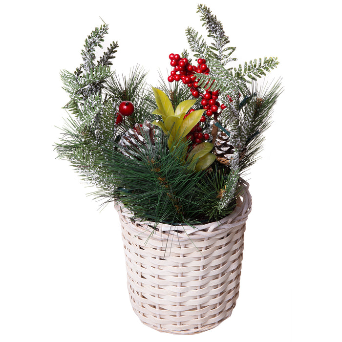 Red Co. 13" x 16" Light-Up Christmas Basket Centerpiece with Pine Cones and Cranberries, Battery Operated LED Lights with Timer