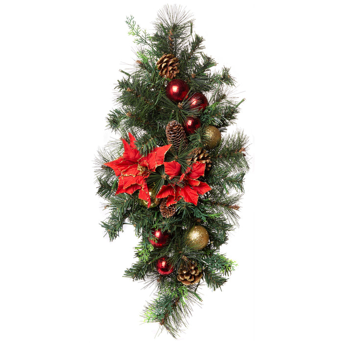 Red Co. 30" x 14" Light-Up Christmas Centerpiece with Ornaments and Bows, Battery Operated LED Lights with Timer