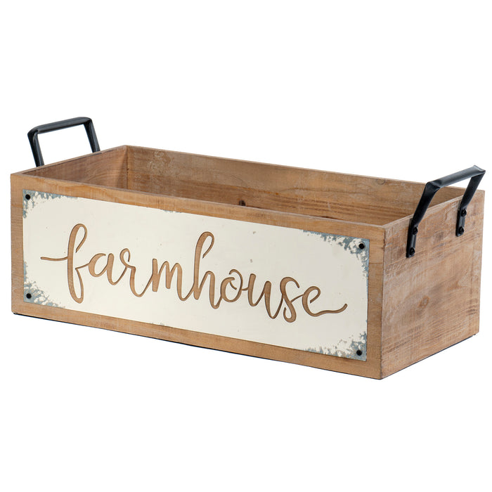 Red Co. Decorative Country Farmhouse Wooden Storage Crate with Calligraphy Cutout and Metal Handles - 18" L x 9.25" W