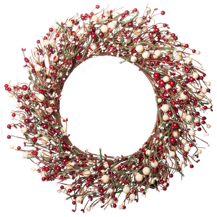 22 Inch Light-Up Christmas Wreath with Red Pip Berries, Plug-in Operated LED Lights