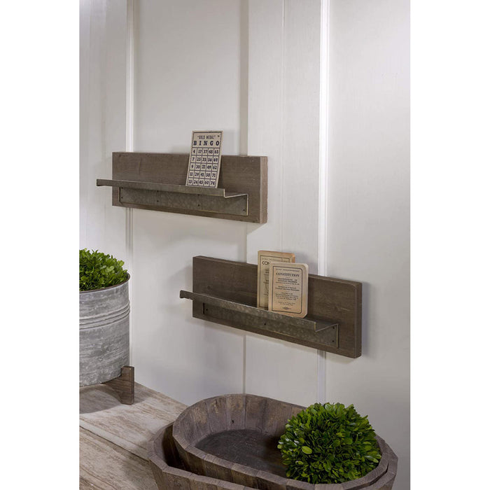 Set of 2 Floating Wood Shelves with Metal Ledge, Farmhouse Rustic Home Décor