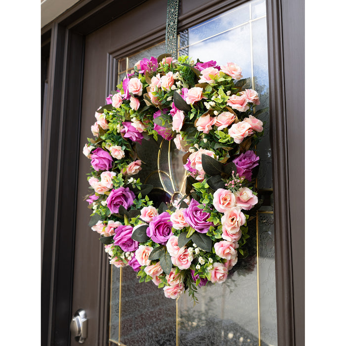 Red Co. 20" Beautiful Pink Roses, Artificial Spring & Summer Wreath, Door Backdrop Ornaments, Home Décor Collection