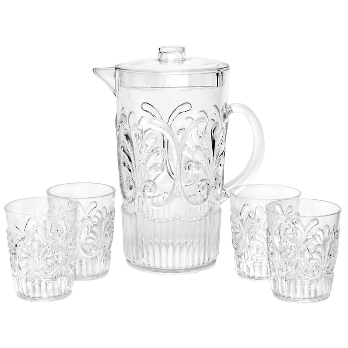 Break Resistant "Fresh Splash" Clear Plastic Pitcher with Lid and 4 Tumbler Glasses Drinkware Set - Perfect for Iced Tea, Sangria, Lemonade (84 fl oz. pitcher - 12 fl oz. glasses)