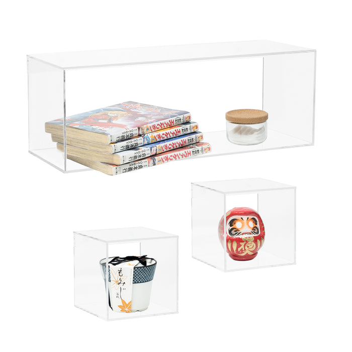 Red Co. Crystal Clear Acrylic Floating Storage 4 Sided Wall Shelves - Bathroom Shelf, Makeup Cosmetics Display Organizer Rack | Set of 3