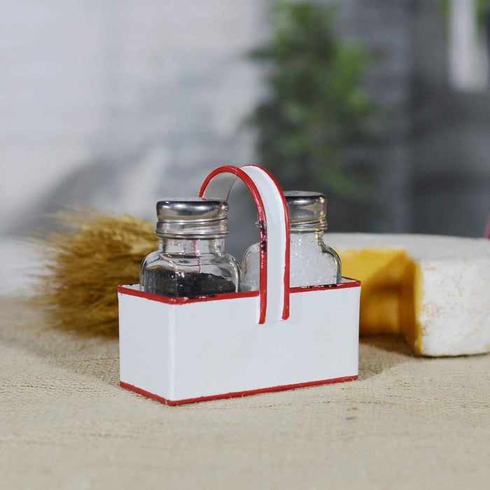 Red and White Salt & Pepper Shaker Caddy, Basket Set