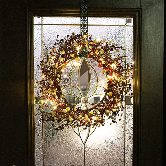 22 Inch Light-Up Christmas Wreath with Red Pip Berries, Plug-in Operated LED Lights