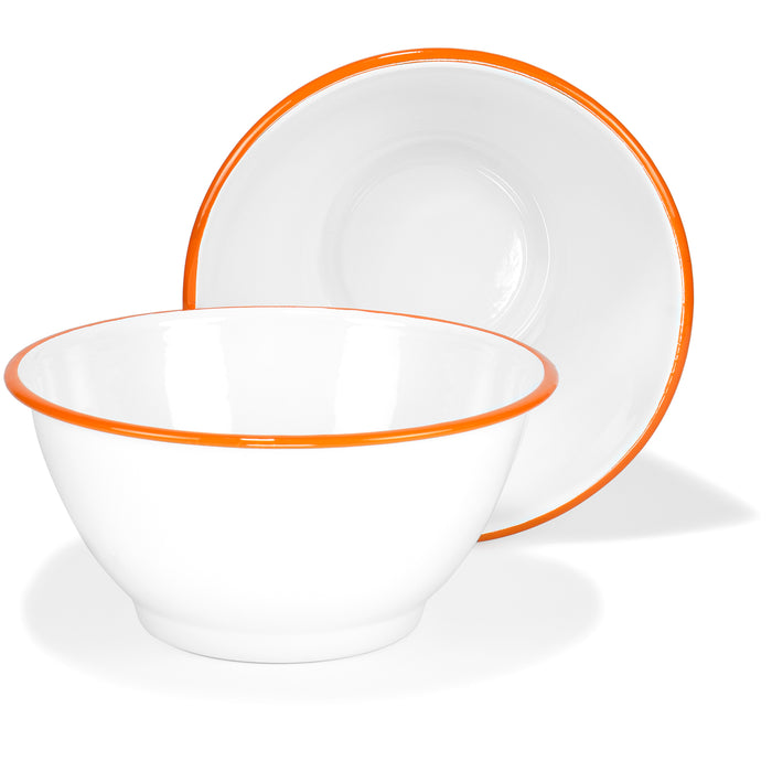 Red Co. Set of 2 Enamelware Metal Large Classic 4 Qt Round Salad Bowl, Solid White/Orange Rim