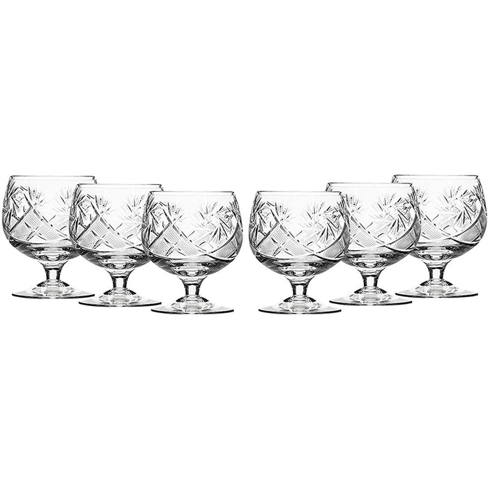 Set of 6 Russian Cut Crystal Cognac Brandy Whiskey Snifters Goblets, Handmade Glassware