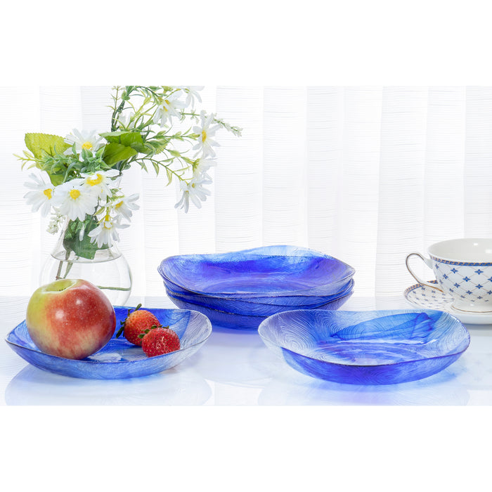 Red Co. Set of 6 Round 10 Oz Blue Etched Wavy Glass Deep Soup Serving Bowls, Medium