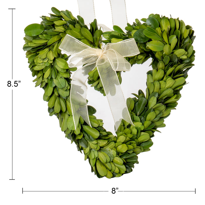 Red Co. 7-Inch Heart Shaped Preserved Boxwood Wreath with Ribbon, for Indoor Wall, Door, Window, and Party Decoration