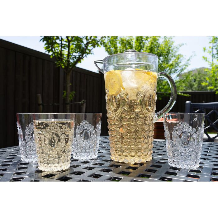 Break Resistant "Dew Drop" Clear Plastic Pitcher with Lid and 4 Tumbler Glasses Drinkware Set - Perfect for Iced Tea, Sangria, Lemonade (82 fl oz. pitcher - 14.5 fl oz. glasses)