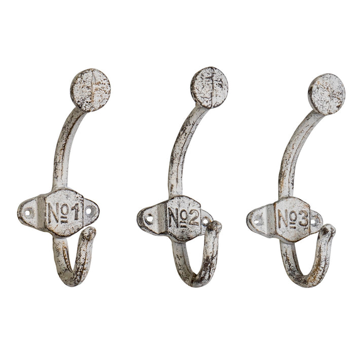 Red Co. Rustic Style 3 Piece Numbered White Wall Hooks Iron Decorative Organization Set