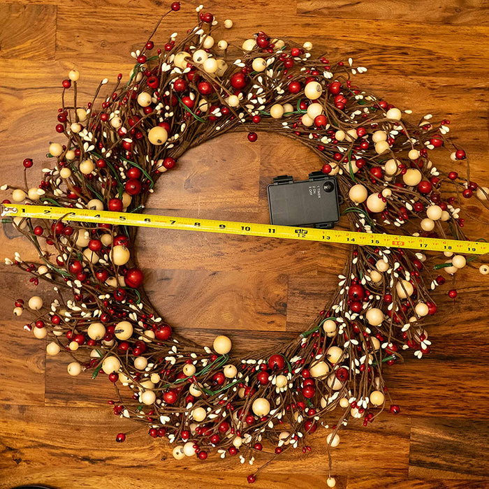 22 Inch Light-Up Christmas Wreath with Red Pip Berries, Plug-in Operated LED Lights