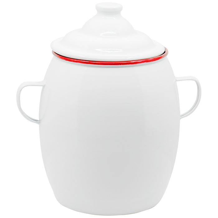 Red Co. All-Purpose Large Metal Canister with Handles and Lid, Farm Fresh Logo, Solid White/Red Rim, 10-Inch