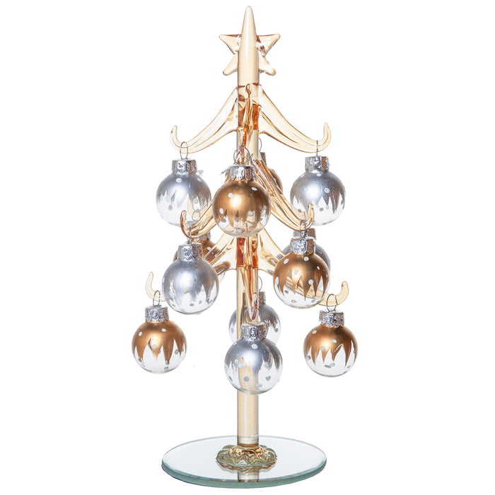 Mini Glass Christmas Tree, Small Table Top Holiday Season Décor with Removable Sphere Ornaments, Silver & Gold Champagne, 8 Inches